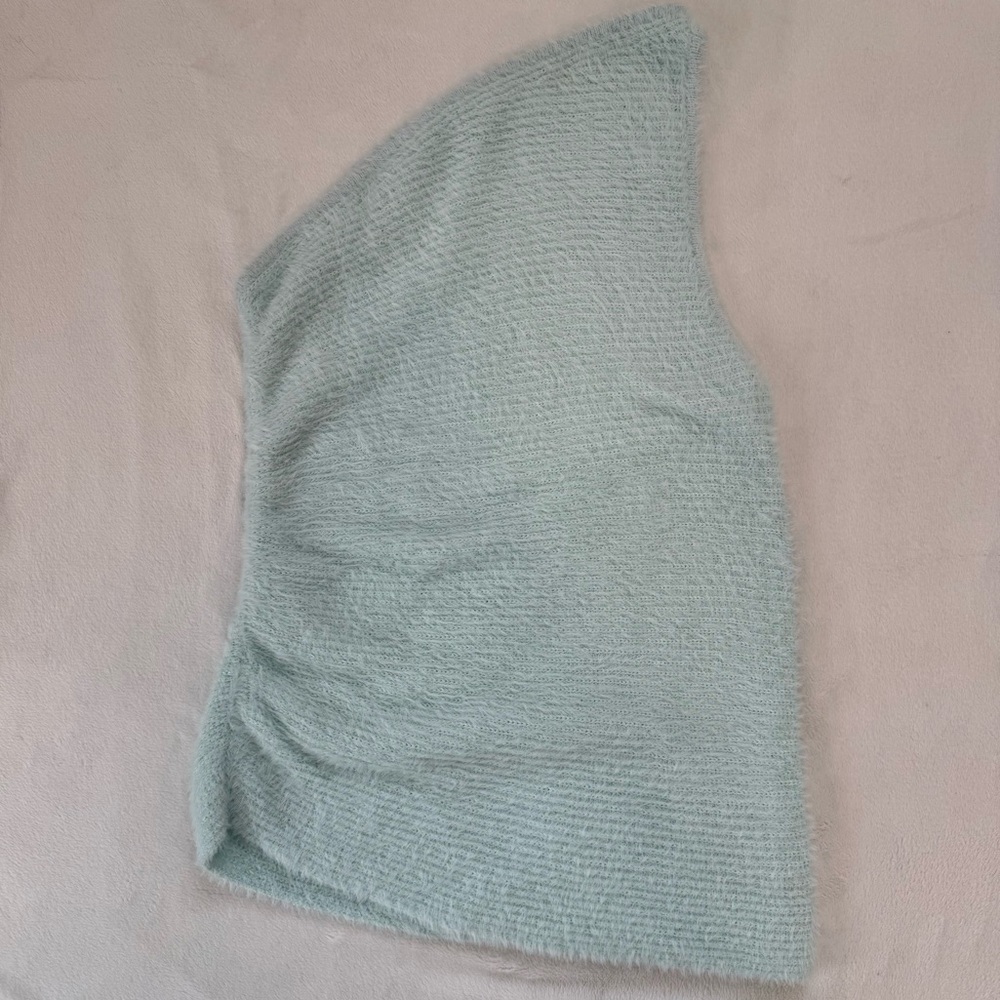 Anthropologie One-Shoulder Light Mint Blue Eyelash Sweater Tank - Picture 5 of 9